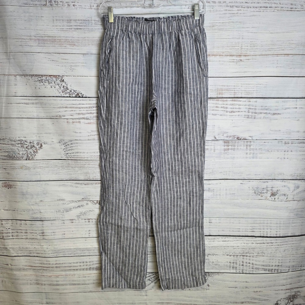 Tahari Womens XS Grey White Striped 100% Linen Elastic Waist Straight Leg Pants